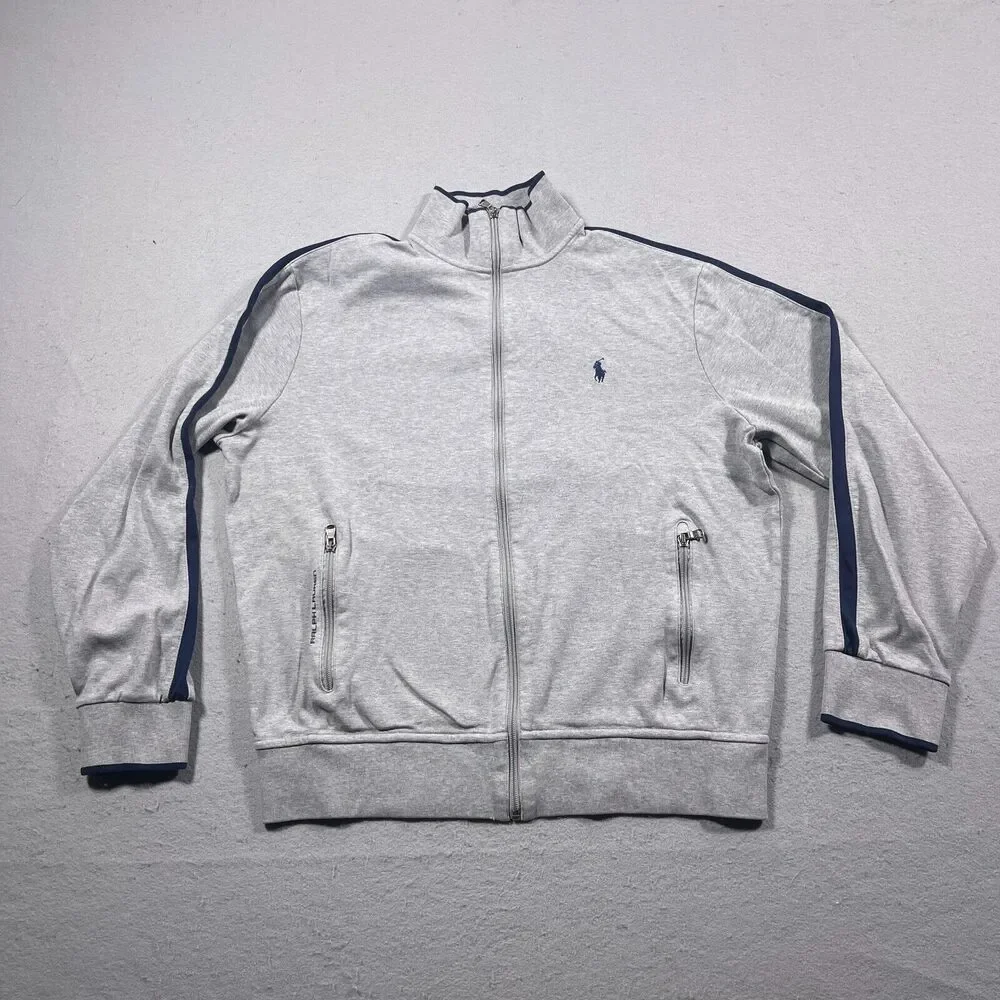 Polo Ralph Lauren Track Jacket Men Large Regular Gray Navy Stripe Athleisure‎